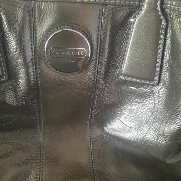 Coach Pewter Patent Leather Signature Logo Kiss Lock Purse Bag - Picture 9 of 16